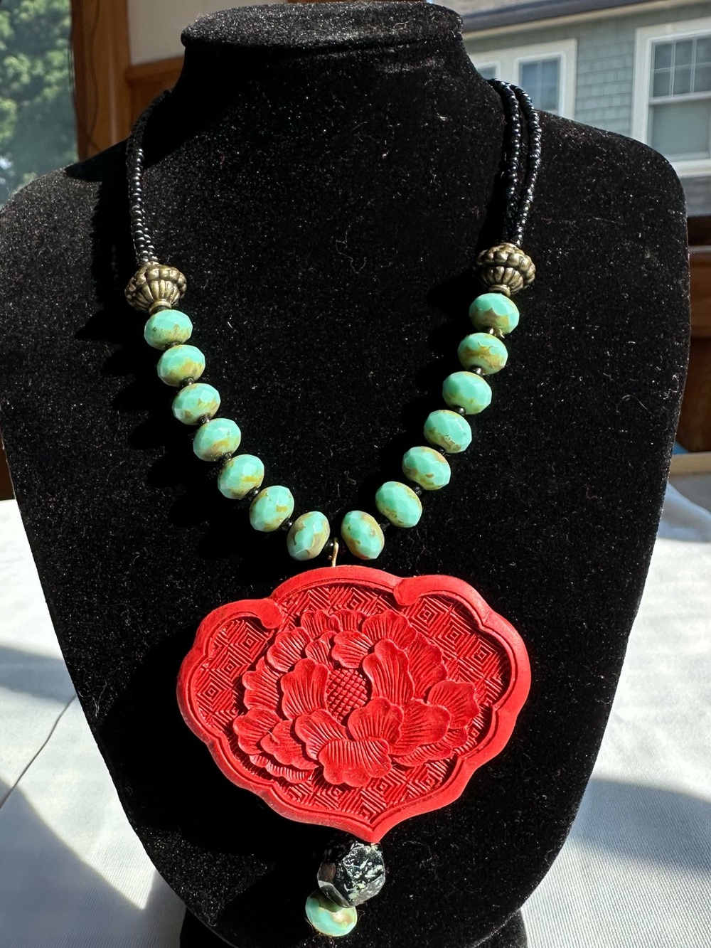 Chico's Red Carved Floral Pendant Necklace with Turquoise Beads